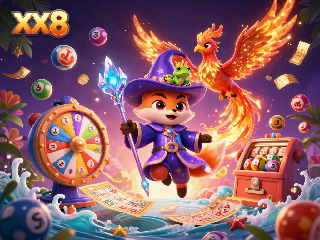 Spin the reels with XX 8's magical 3D casino universe showcasing vibrant lottery elements.
