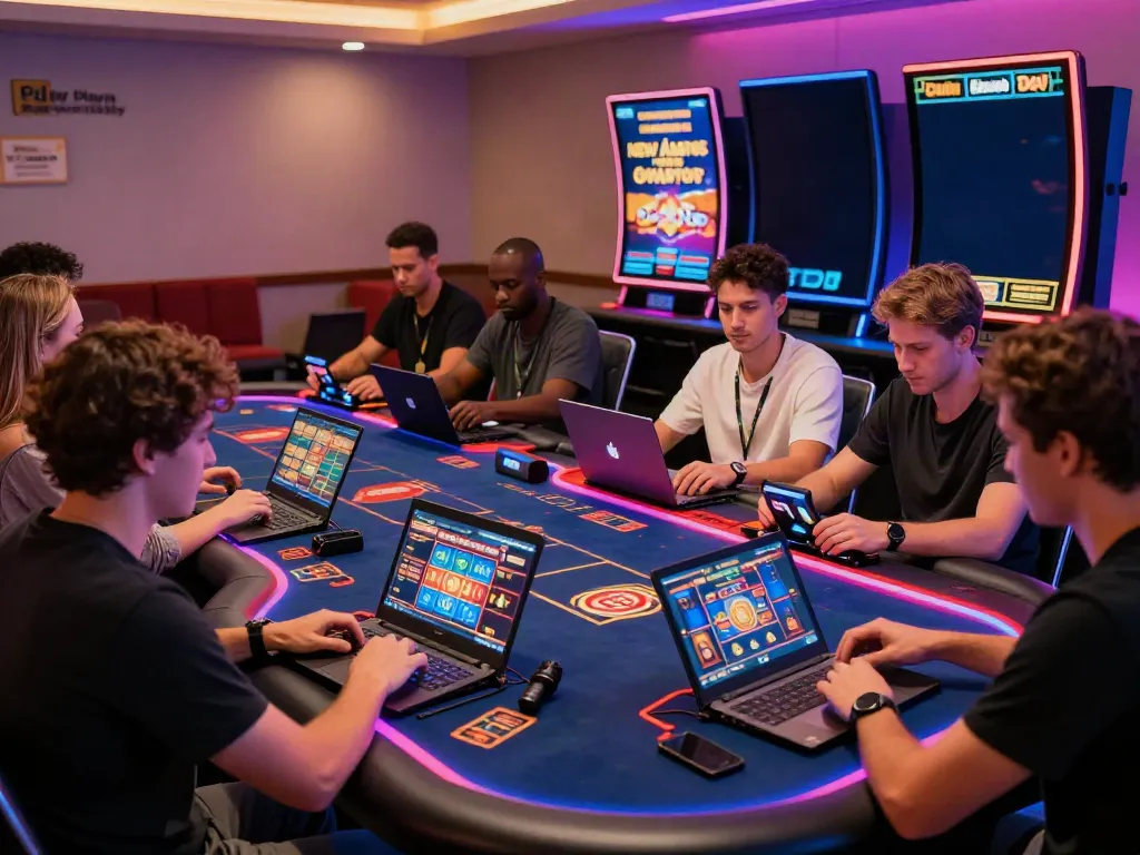 Exciting gaming scene with players engaging at new casinos not on GamStop, showcasing vibrant atmosphere and tech.