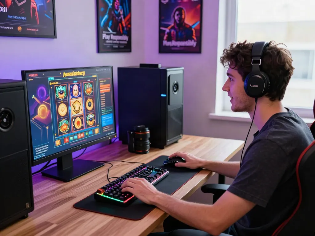 Enthusiastic player enjoying new casinos not on Gamstop, with gaming setup featuring dual monitors and stylish peripherals.