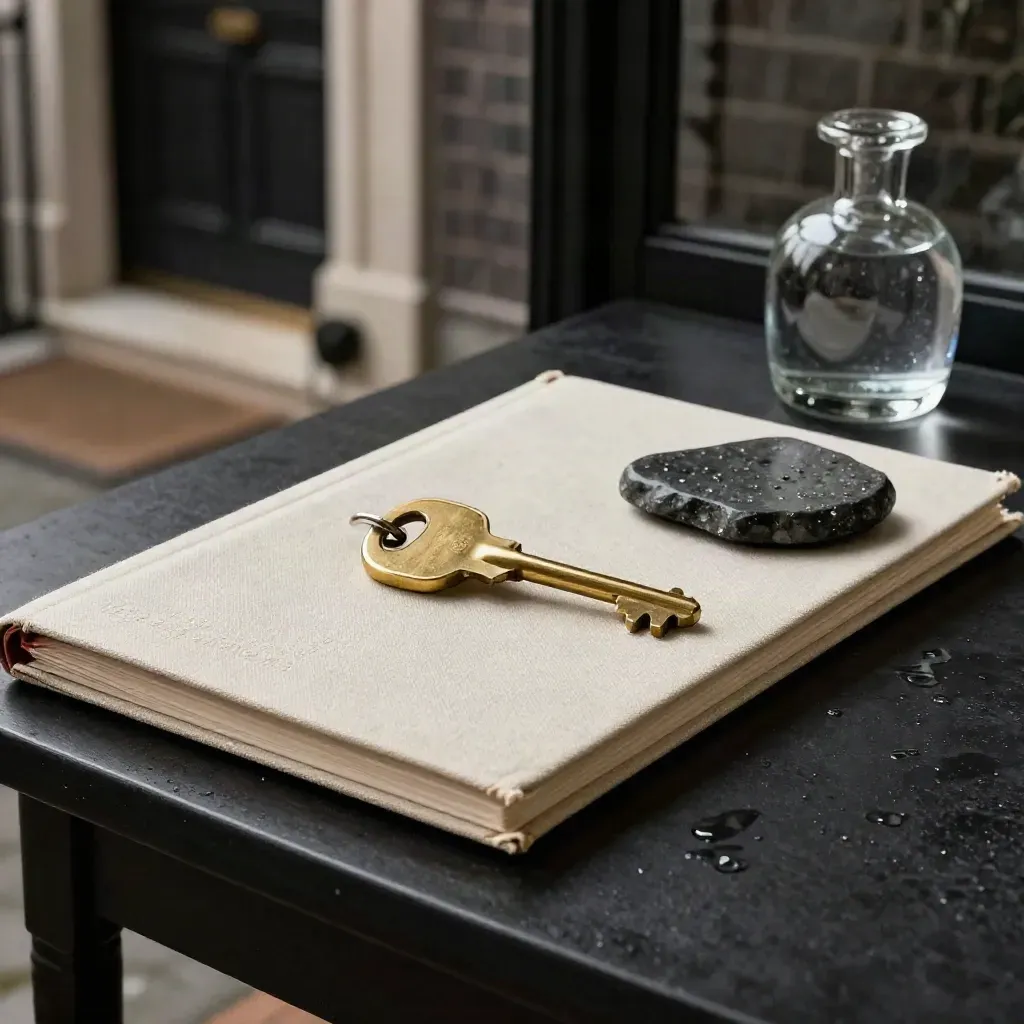 Brass key, linen portfolio and stone sample on wet black stone by a townhouse entrance at dawn.