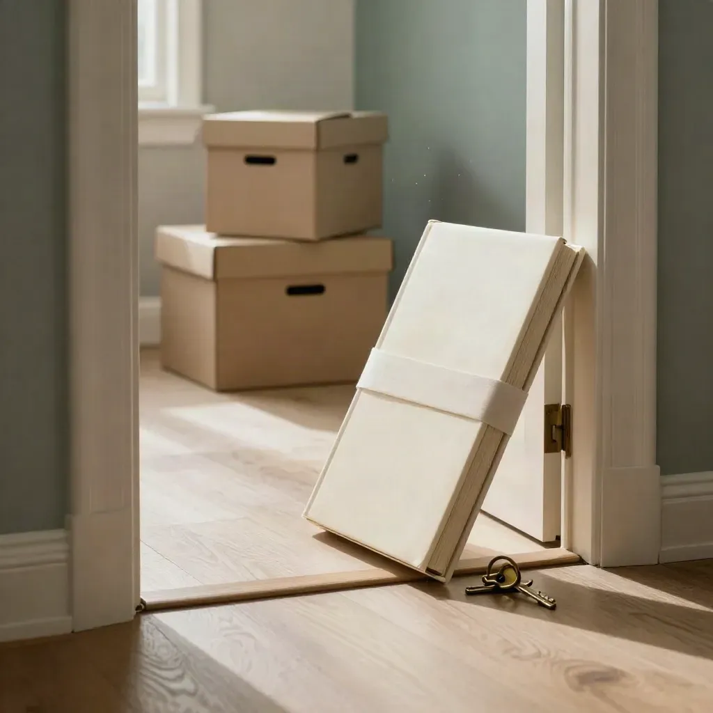 Ivory folio, brass key ring and moving boxes in a bright hallway with daylight haze.
