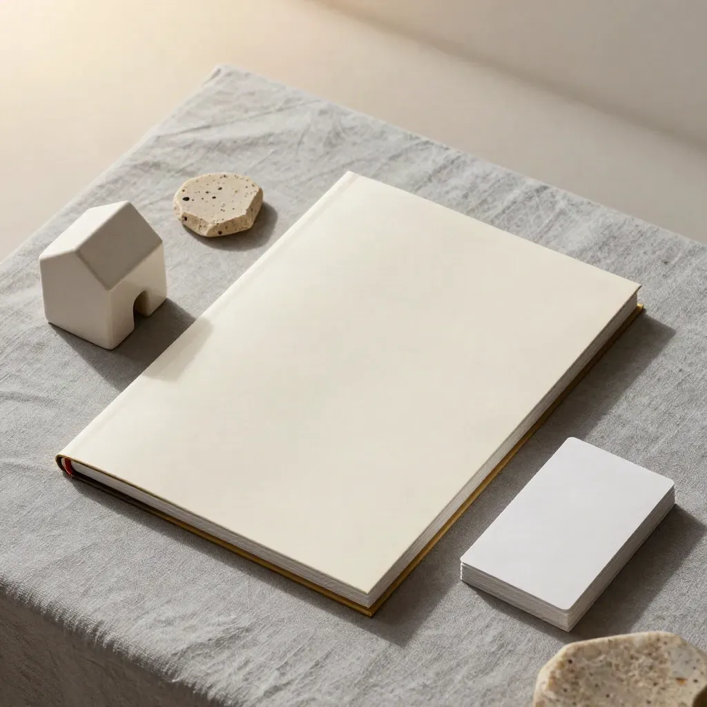 Ivory valuation dossier, stone sample and ceramic house form on ash-grey linen, top-down.