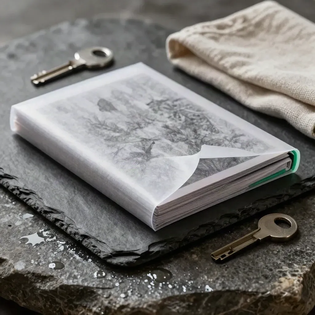 Graphite launch folio, slate key tray, linen cloth on wet stone with mist
