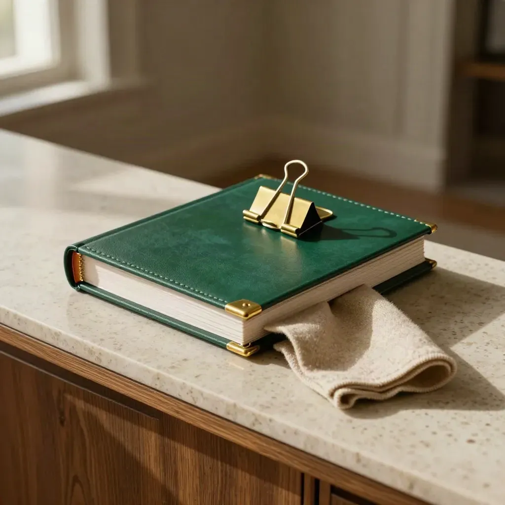 Agate-green binder with brass paperclip and wool cloth on a travertine console in soft window light.