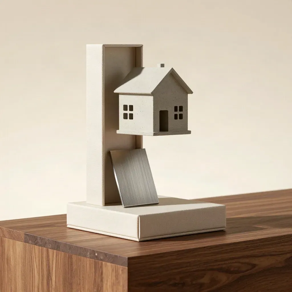 Ivory launch kit box with concrete house form and brushed metal tile on a walnut plinth.