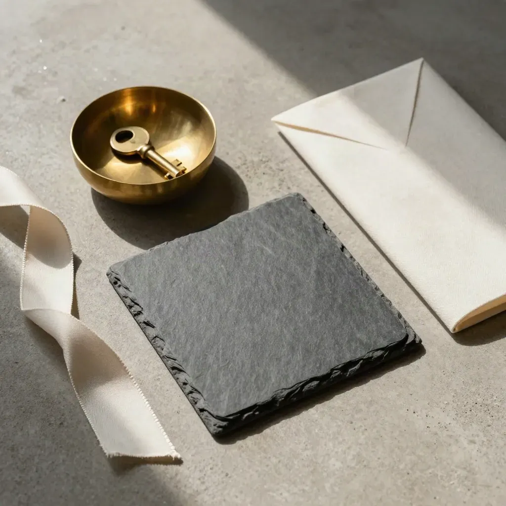 Overhead open-house kit with brass key bowl, turned blank sign base and folded ribbon on concrete.