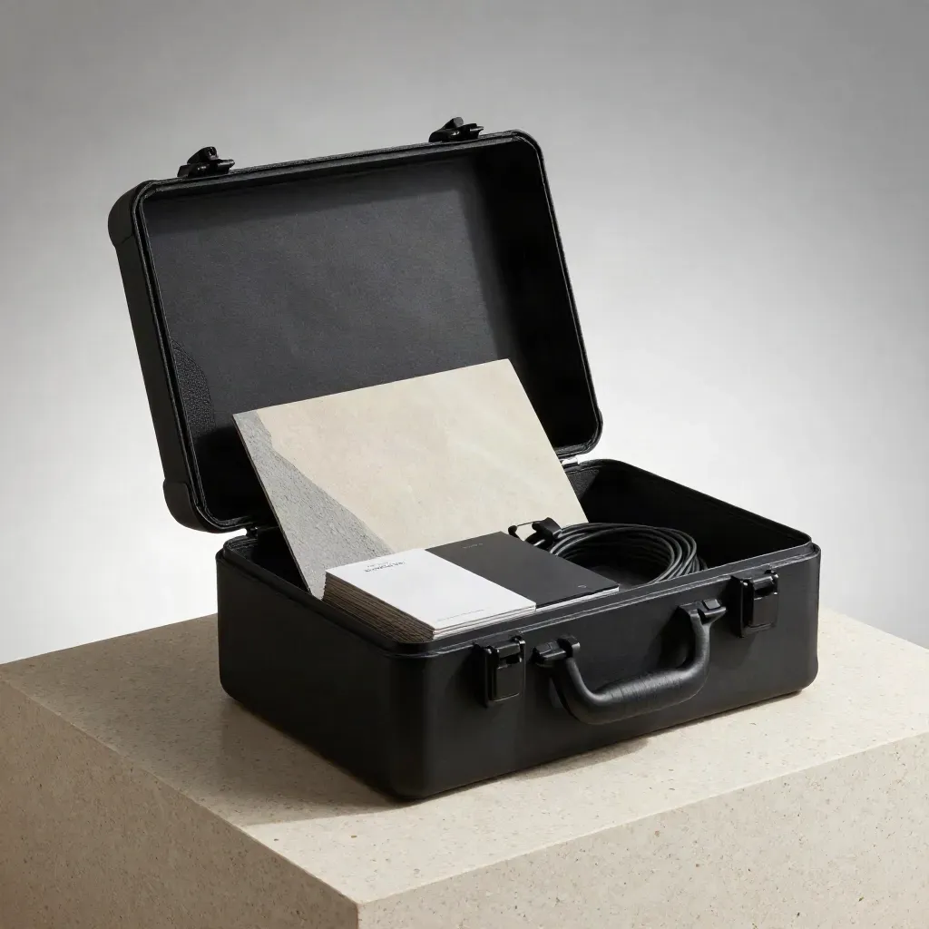 Open matte-black video tour kit on travertine plinth with cable and scrim, soft studio haze