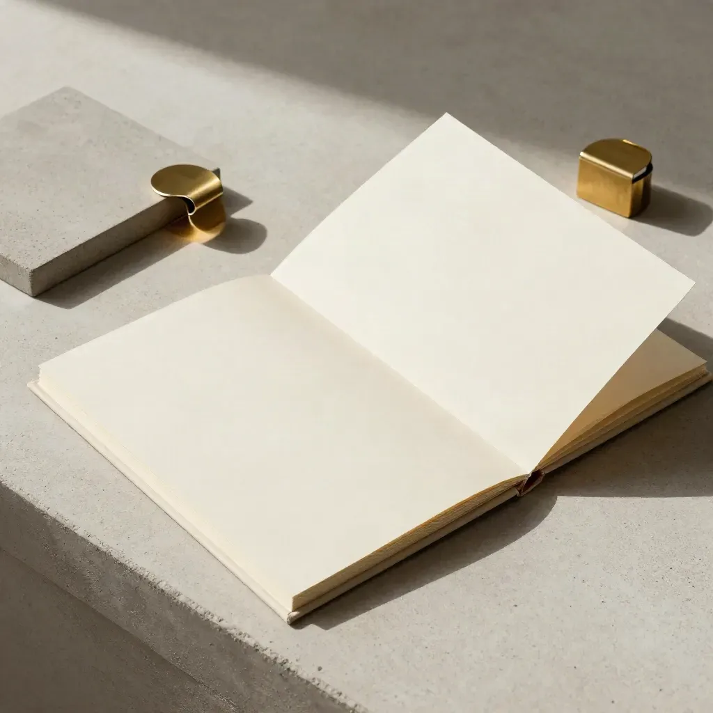 Overhead flatlay of an ivory report folio, concrete swatch and brass paperweight on pale concrete.