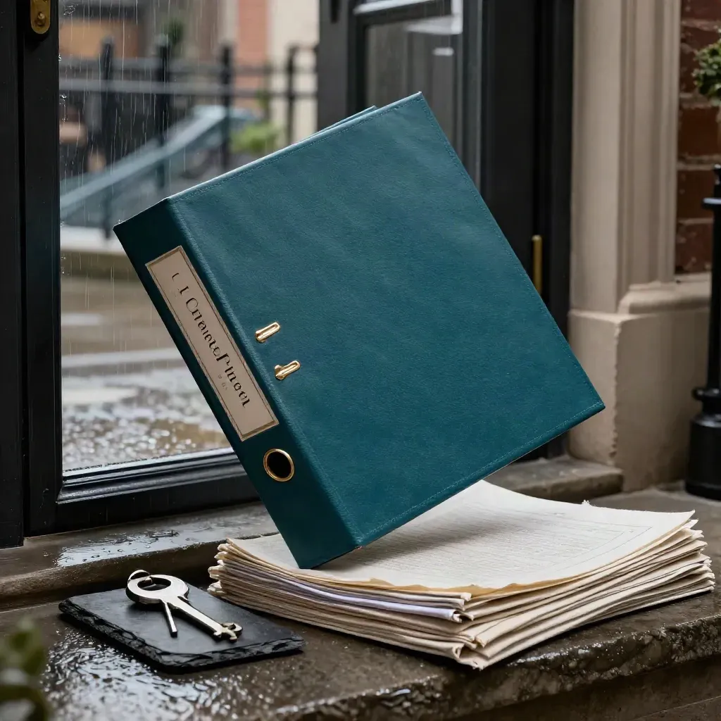 Teal landlord care binder with brass clasp, linen stack and slate tray in a storm-lit doorway.