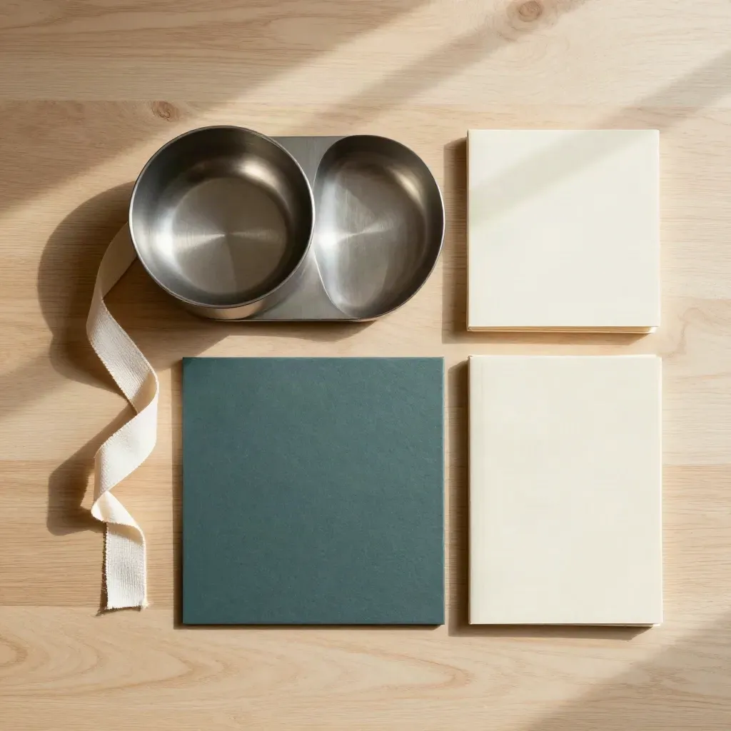 Overhead flat lay of an open house kit with sign base, key bowl and ribbon on pale wood.