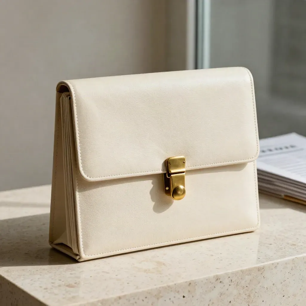 Ivory lettings admin cover with brass clasp and twin folders on a stone plinth.