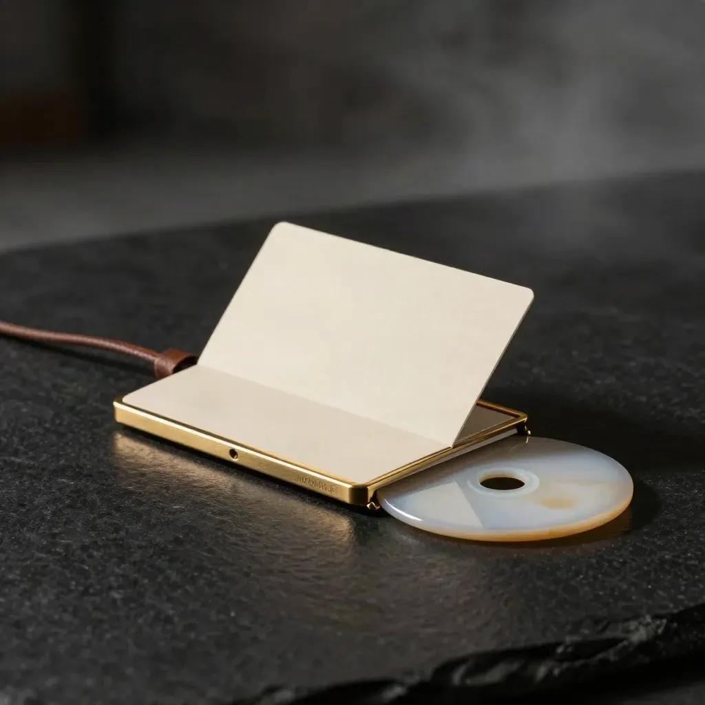 Dark dramatic relocation pack with brass edge, cord, folded cards and ceramic disc