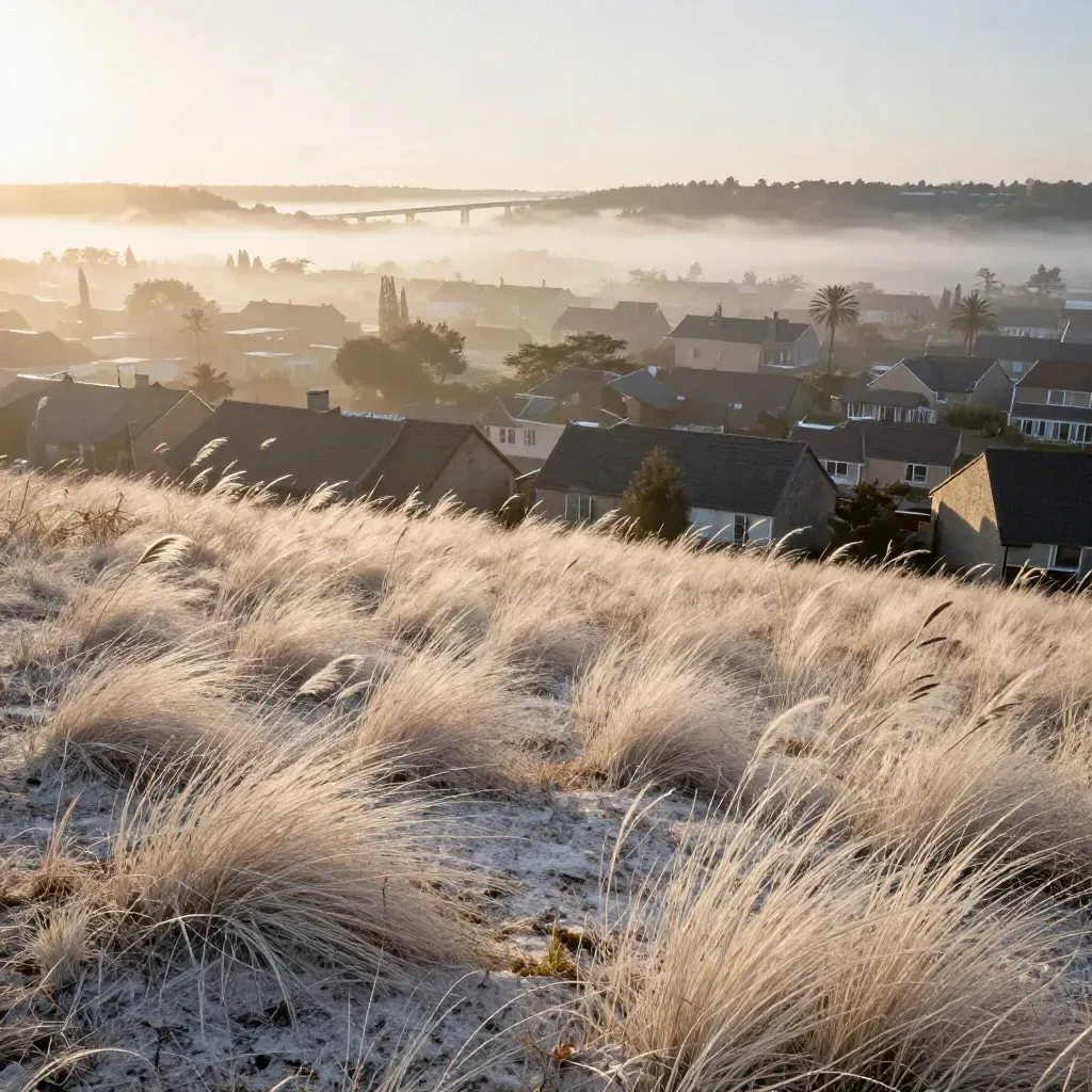 Misty hilltop over suburban roofs and a distant bridge at sunrise, with pale grasses in foreground.
