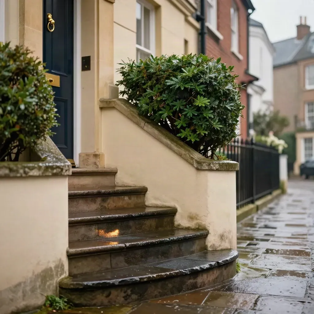 Rainy townhouse facade with brass door details, stone steps, and clipped hedges in soft daylight.