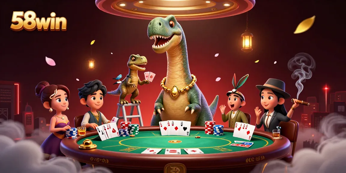Experience thrilling gameplay at 58win with a towering brontosaurus overseeing a vibrant poker game.
