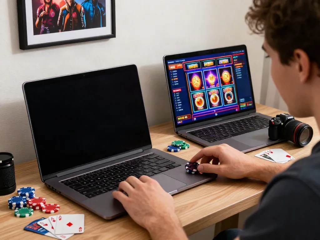 Individual enjoying new casinos not on GamStop while playing slots on a laptop in a cozy home study.