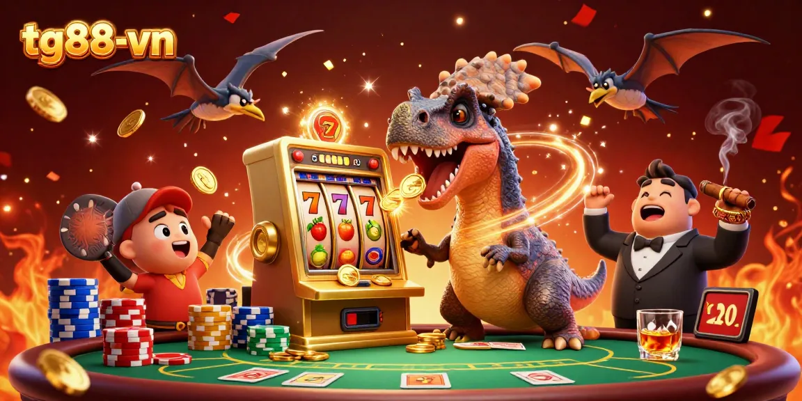 Experience jackpots at tg88-vn as cartoon dinosaurs celebrate a golden slot payout in a vibrant casino scene.