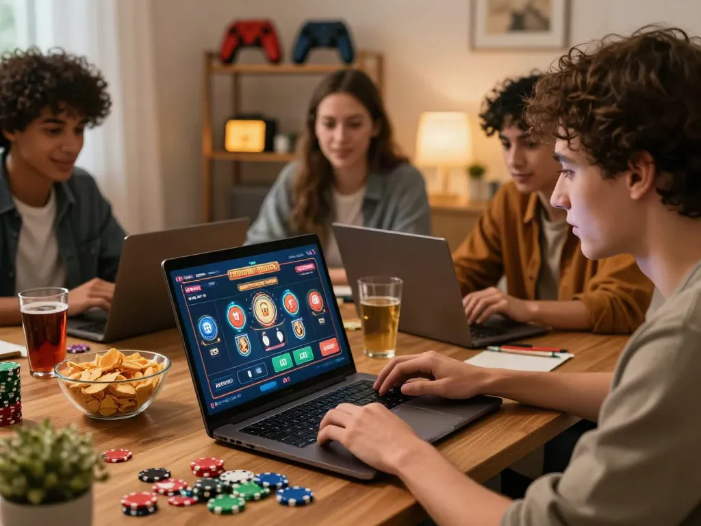 Friends enjoying a gaming night at home, exploring new casinos not on GamStop on their laptop.