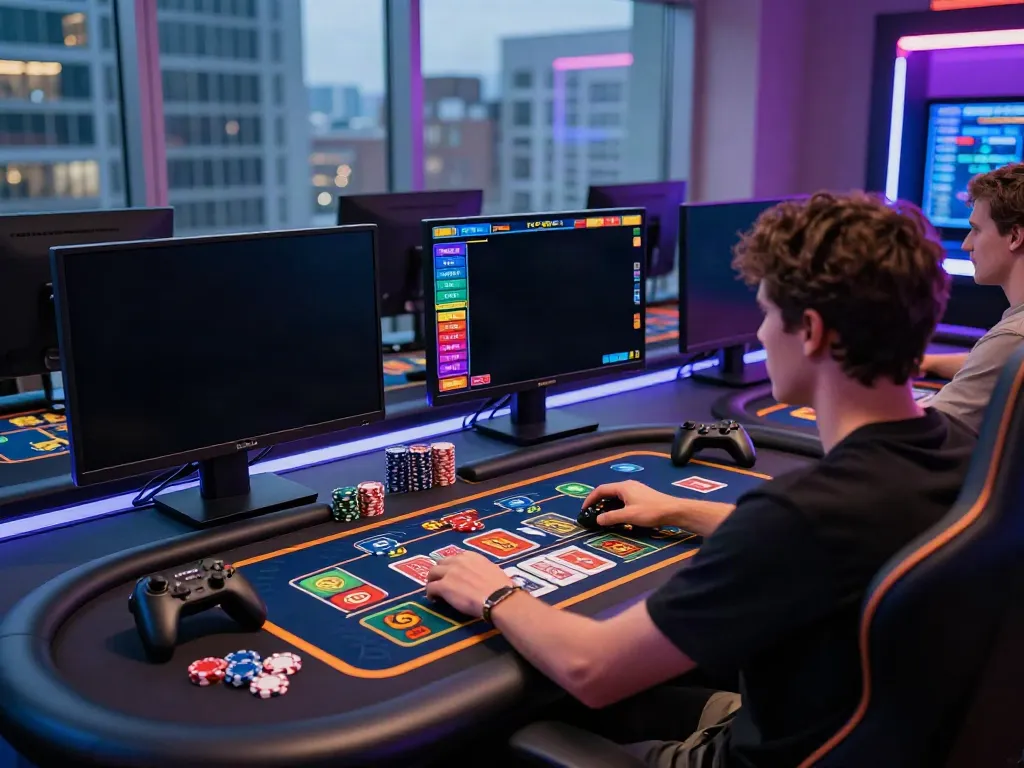 A person engaged in online gambling at a stylish computer desk, showcasing new casinos not on GamStop with vibrant gaming visuals.