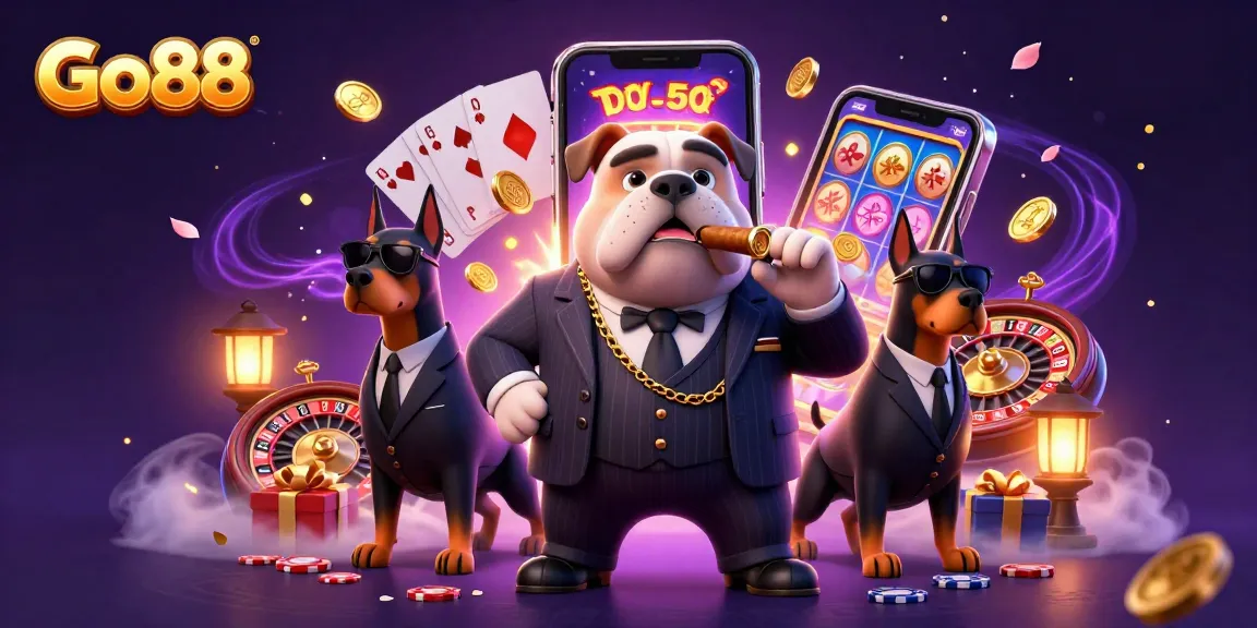 Go88 gaming scene featuring a mafia boss bulldog, slot games, and poker action.