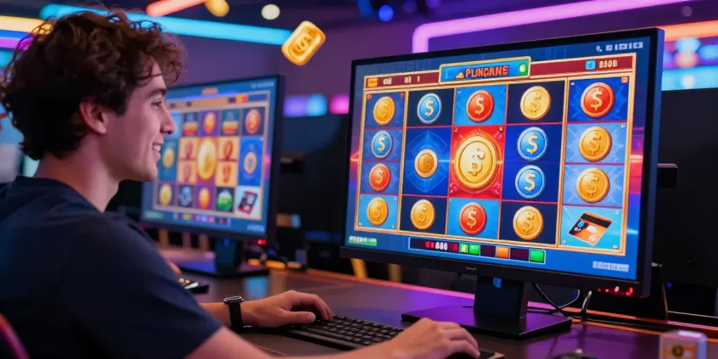 Exciting online gaming scene at casinos that take credit cards with player engaged at a computer.