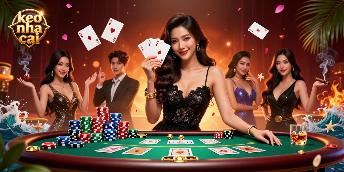 Experience keo nha cai with an elegant Asian woman playing cards at a vibrant casino scene.