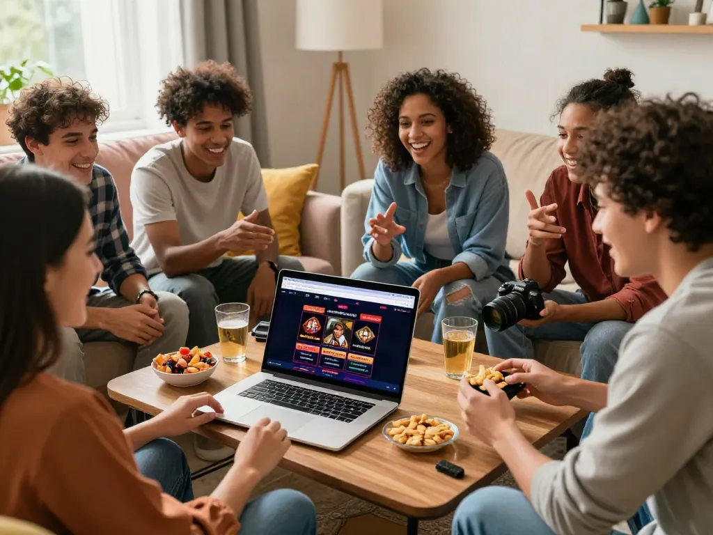 Friends exploring new casinos not on GamStop in a cozy living room.