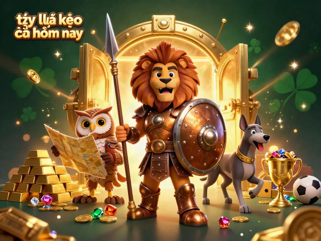 Engage with tỷ lệ kèo nhà cái hôm nay in a dynamic casino setting featuring a Spartan lion, owl strategist, and greyhound messenger.