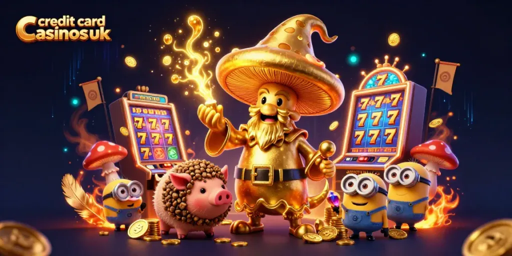 Watch gameplay thrive at credit card casinos UK, featuring slot machines, vibrant characters, and exciting casino elements.