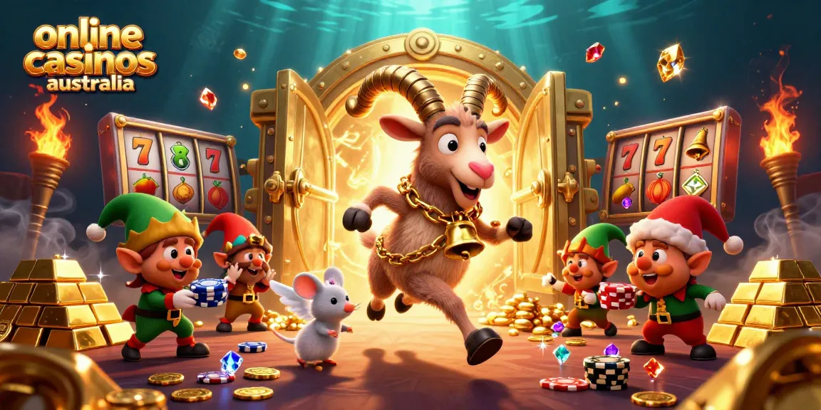 Experience excitement at online casinos Australia with a festive Krampus, angel mouse, and naughty gremlins in a vibrant casino scene.