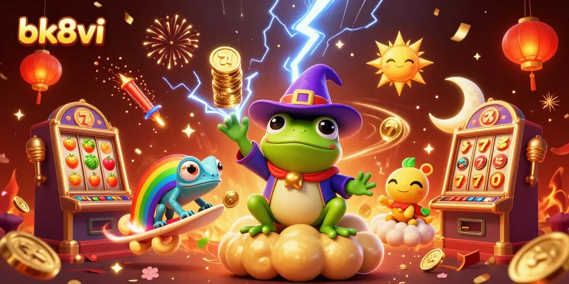 Spin and win at bk8vi with vibrant 3D casino characters and a storm of golden coins.