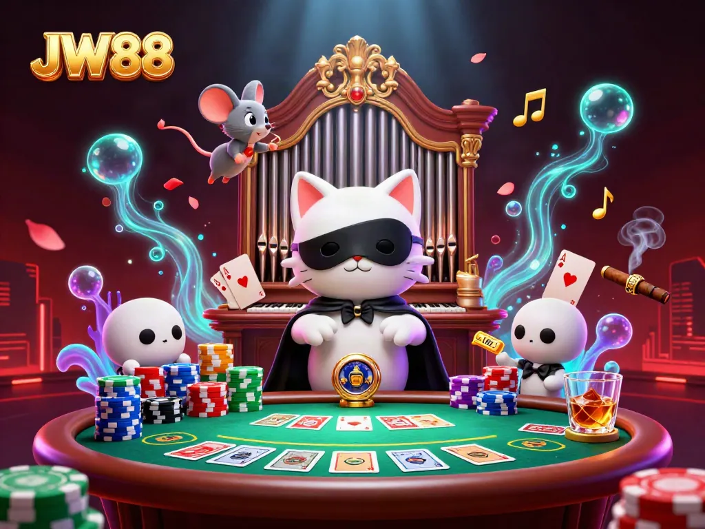 Engage in thrilling gameplay at JW88's vibrant casino scene with dynamic characters and elements.