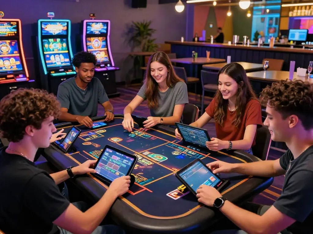 Exciting gaming scene showing young adults enjoying new casinos not on gamstop with vibrant virtual elements.