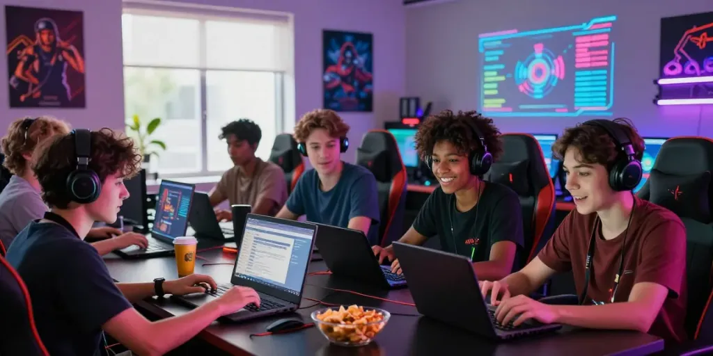 Group of gamers discussing new casinos not on GamStop in a vibrant gaming setup