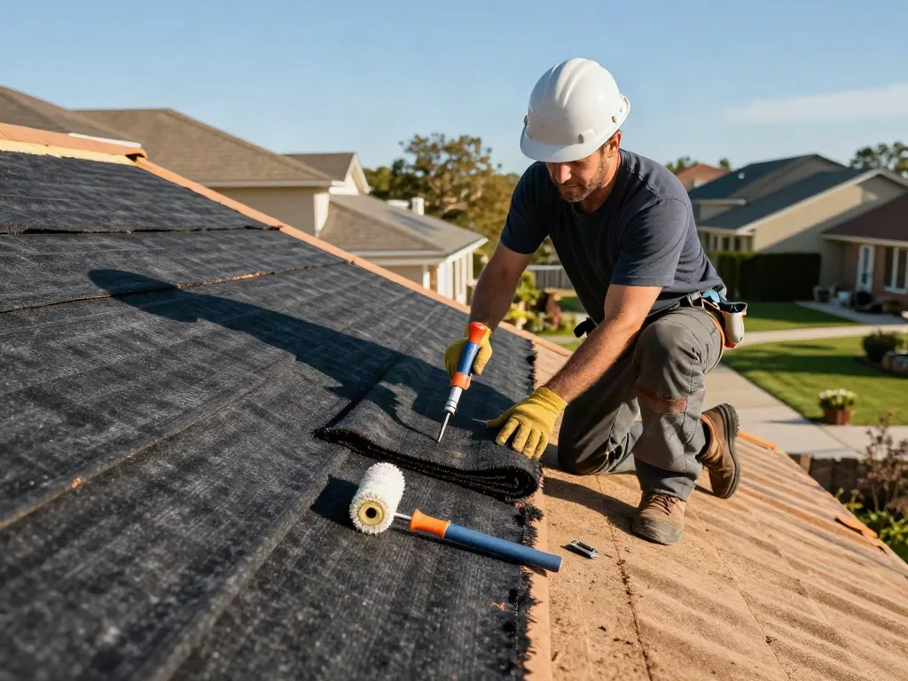 Skilled roofer installing felt roofing on a suburban home showcasing modern techniques and tools in a bright, inviting atmosphere.