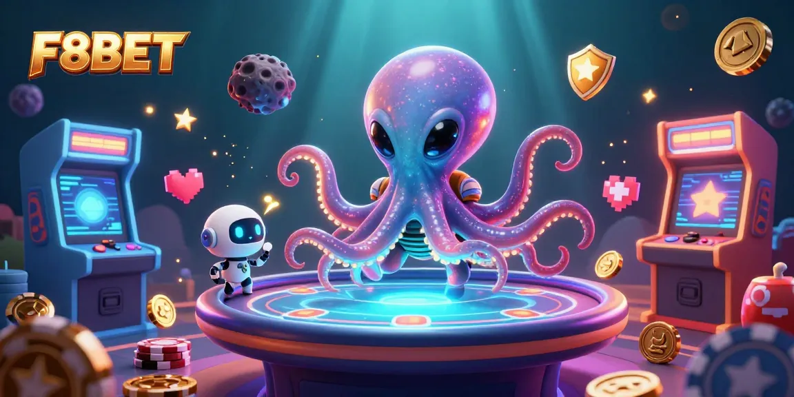 Experience the thrill of F8BET with a cosmic octopus playing poker surrounded by colorful games.