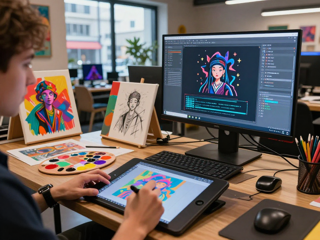 Innovative artist creating nsfw ai art in a vibrant digital studio