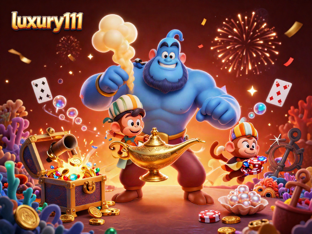 Experience luxury111 with a vibrant 3D scene featuring a genie, poker chips, and underwater treasures!