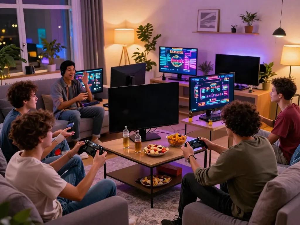 Friends enjoying new casinos not on GamStop with vibrant gaming atmosphere.