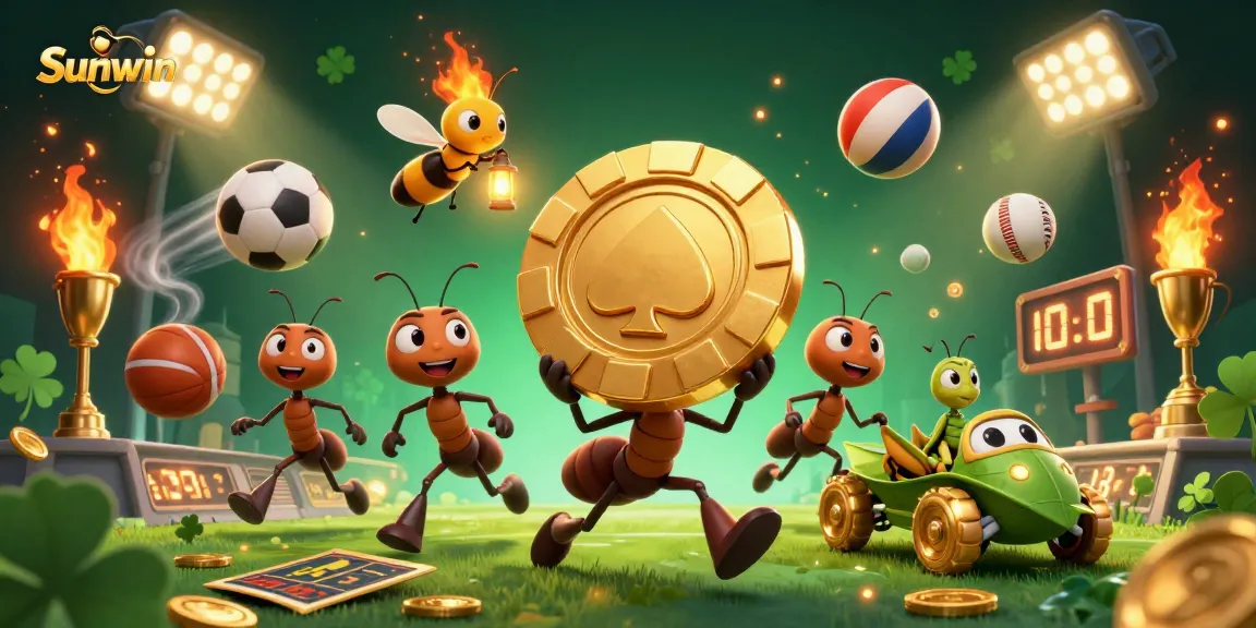 Sunwin team of ants triumphantly hauling a golden poker chip through a vibrant casino scene filled with action.