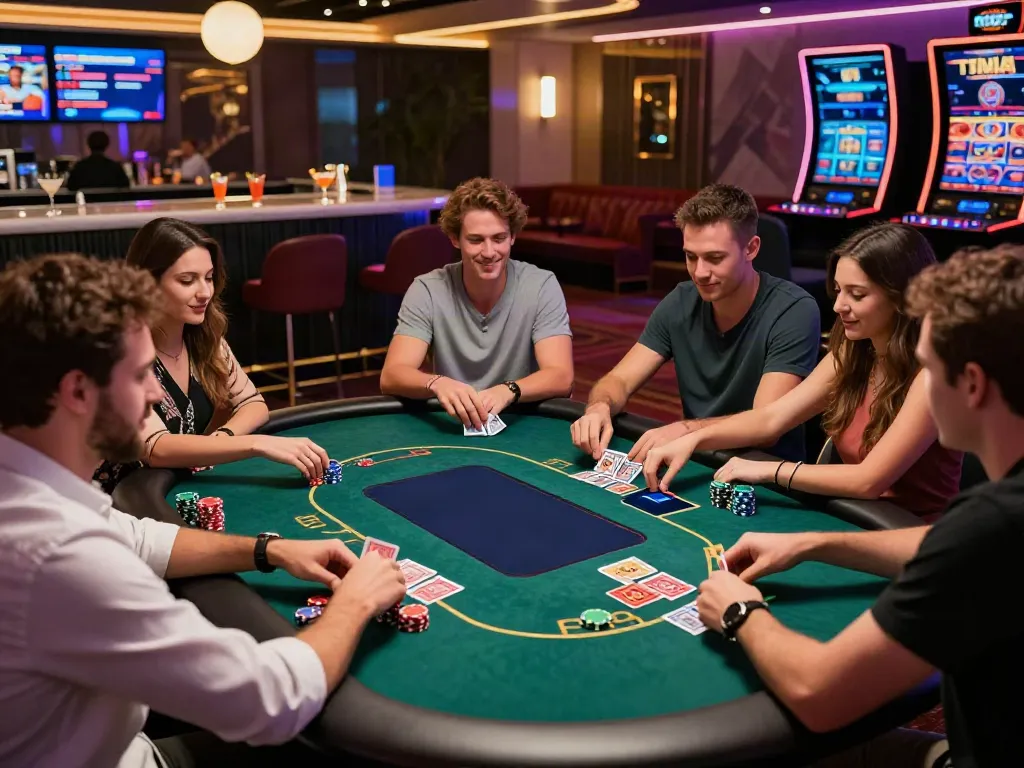 Friends enjoying a night at new casinos not on GamStop with poker and vibrant lights.