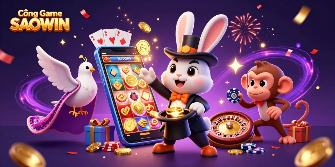 Engage with Cổng Game SAOWIN through an exciting casino scene featuring a magical rabbit and lively characters.