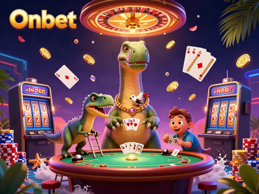 Experience Onbet's vibrant casino atmosphere with a whimsical 3D dinosaur scene.