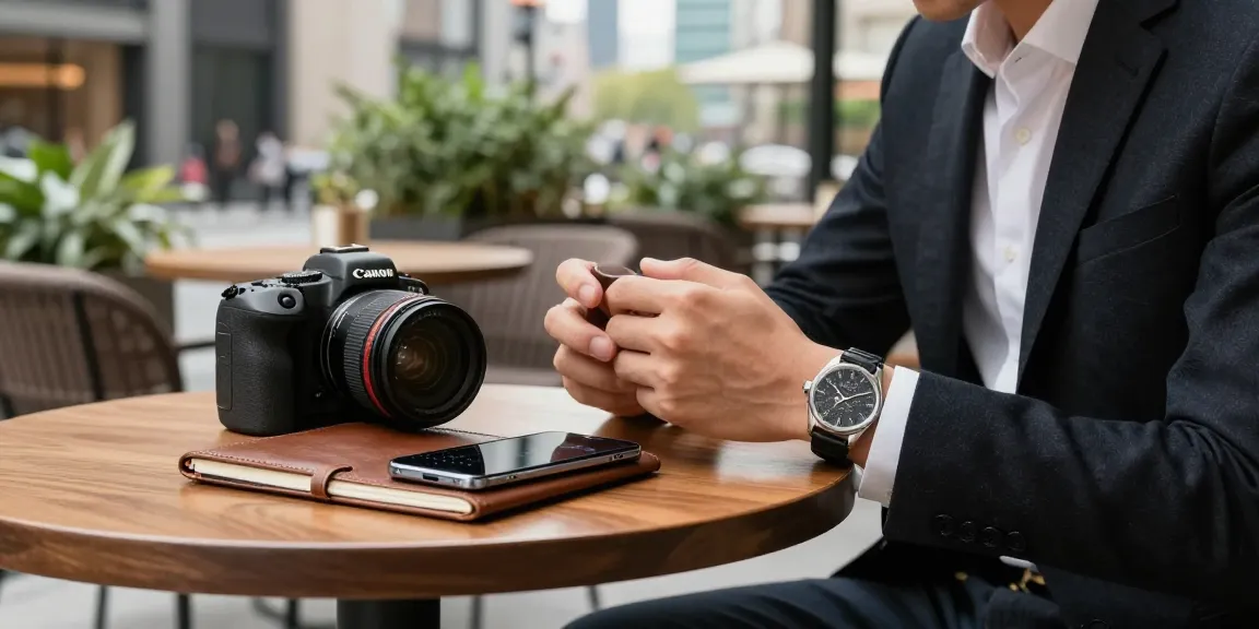 Showcasing a watch lover admiring luxury replica watches at a stylish café.