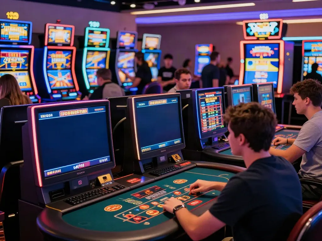Exciting gaming scene highlighting new casinos not on GamStop with players engaged at slot machines and tables.
