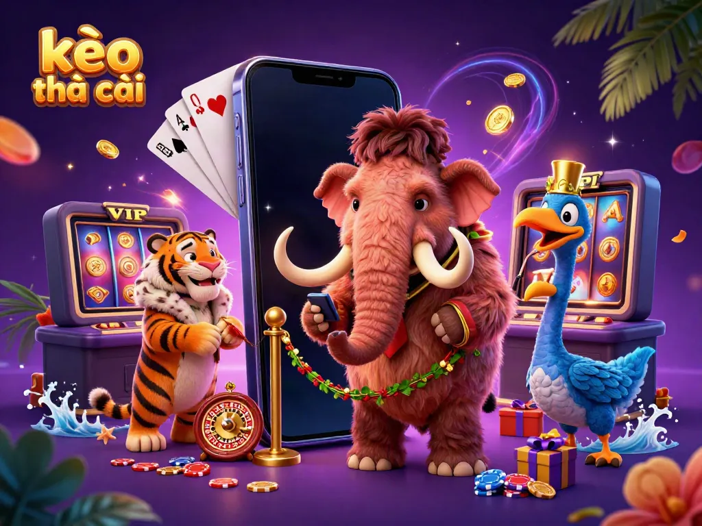 Engaging scene illustrating kèo nhà cái with a cartoon mammoth bouncer, saber-tooth tiger VIP, and dodo doorman amidst dynamic casino elements.