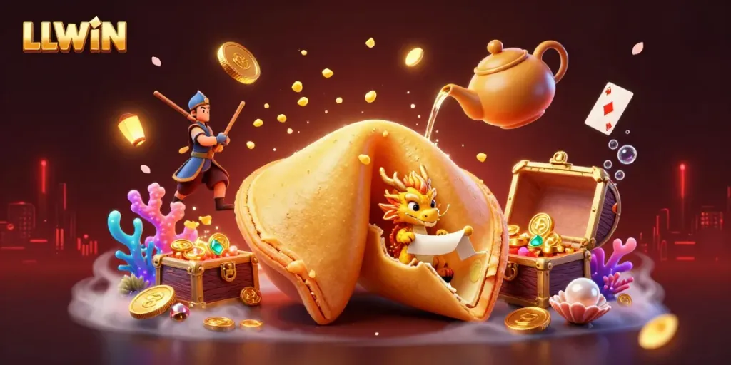 Experience thrilling gaming with LLWIN through this vibrant and detailed illustration combining fortune cookies and a dragon.