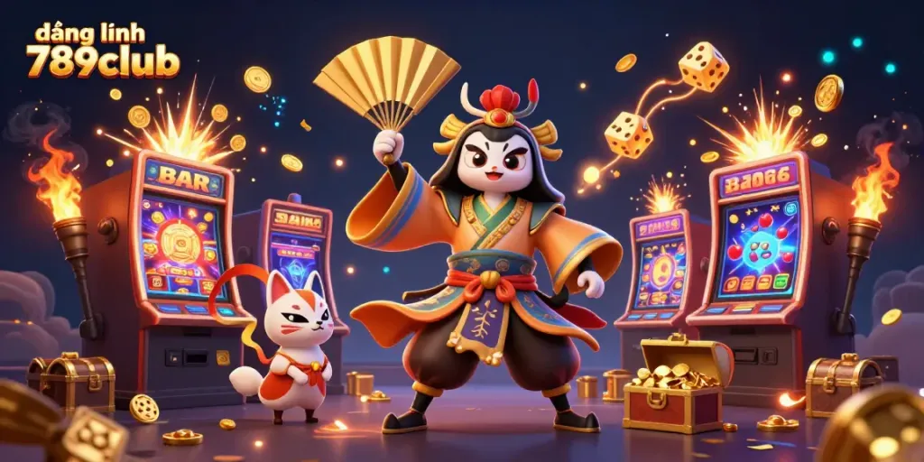 Engaging scene of đăng nhập 789club featuring a kabuki warrior and kitsune mask with jackpot excitement