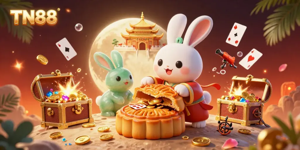 Experience the thrill of TN88 casino games with a 3D moon rabbit and gold coins exploding.