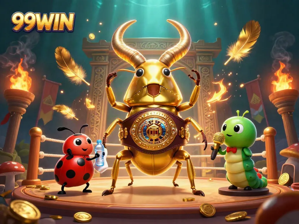 Experience thrilling gaming action with 99WIN's dynamic illustration featuring unique characters in a vibrant setting.